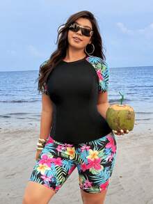 Swim Lushoire 2026 New Summer Beach Vacation Plus Size Women Outdoor Sports Solid Color Patchwork Printed Short Sleeve Beach Pants Swimwear Set, Summer - Multicolor - View 5