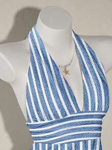 SHEIN ICON Casual Minimalist Style Blue Mechanical Pattern Print Halter Neck Deep V-Neck Cinched Waist A-Line Backless Camisole, Suitable For Spring/Summer Vacation - Multicolor - View 5