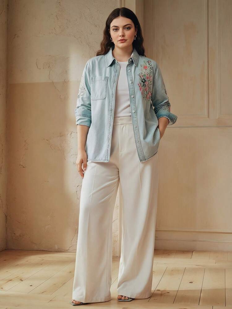 Women's Elegant Floral Embroidered Long Sleeve Shirt, Romantic Vacation Style, Spring/Summer