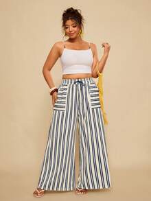 Travachic Plus Size Women Casual White Drawstring Pants Vacation Autumn - Blue - View 4