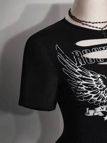 SHEIN ICON Slogan Graphic Cut Out Concert Outfits Tee - Black - View 8