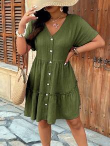 SHEIN Holidaya Vestido de línea A con cuello en V, hombros caídos, textura y volante en el bajo para tallas grandes - Verde militar - Ver 6