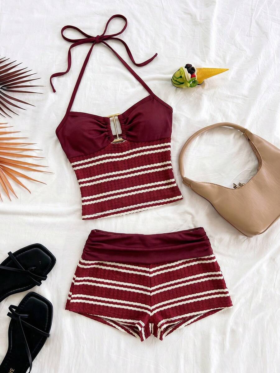 SHEIN Bộ đồ đôi cho bé gái tuổi teen, gồm áo croptop dệt kim jacquard màu đỏ trắng và quần short cạp chun, thích hợp mặc hàng ngày, đi biển, ăn trưa, tụ họp. - Đỏ - Xem 1