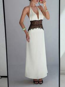 DAZY Patchwork Contrast Color Lace Fitted Waist Halter Backless Spaghetti Strap Elegant Sexy Summer Dress For Women Party Bar Night Black And White - Ivory White - View 7