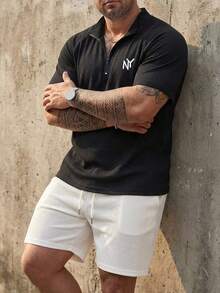 DAZY Plus Size Men's Short Sleeve Letter Embroidered Half-Zip Black T-Shirt Summer - Black - View 4
