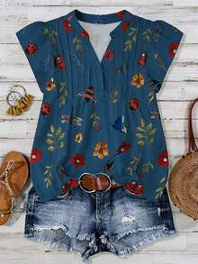 Linhara Plus Size Women Versatile High-End Bee Print Pleated Blouse - Blue - View 1