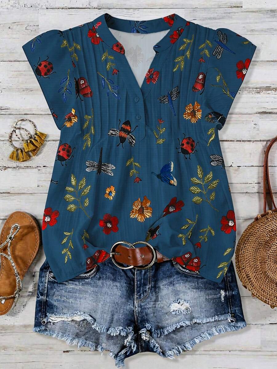 Linhara Plus Size Women Versatile High-End Bee Print Pleated Blouse - Blue - View 1
