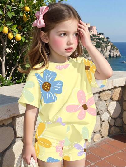 SHEIN Bộ đồ cho bé gái gồm áo thun ngắn tay và quần short in họa tiết hoa tối giản dễ thương, thích hợp cho dã ngoại, kỳ nghỉ hè và mặc thường ngày.