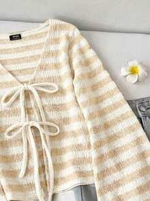 SHEIN EZwear 条纹棉质针织休闲系带喇叭袖上衣，米色和白色 - 彩色 - 查看 6
