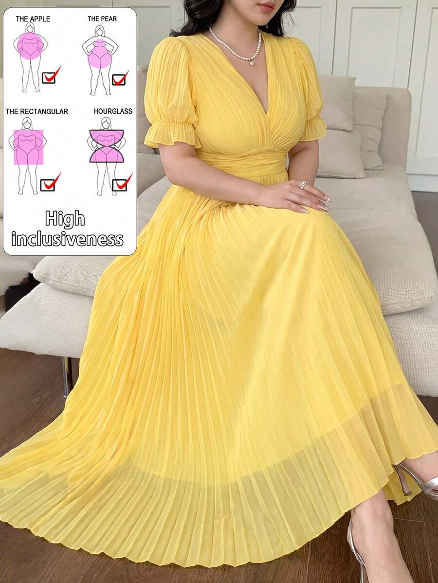 Vibekara 法式优雅公主风褶皱荷叶袖A字型度假婚礼伴娘礼服及休闲黄色短袖纯色夏季加大码女装
