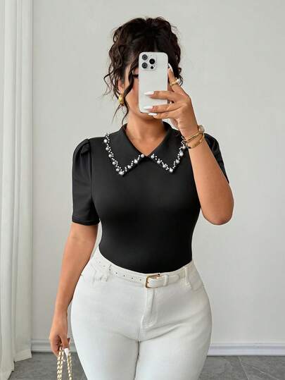Elenzga Áo thun nữ cỡ lớn mùa hè mới, chất liệu dệt kim, cổ đen, đính ngọc trai, tay phồng, dáng ôm thanh lịch, thích hợp cho đi làm hàng ngày, công sở và các dịp thường nhật.