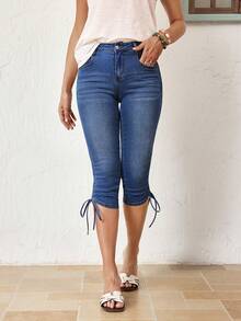 SHEIN LUNE Jeans de mezclilla de 3/4 de longitud, con cordón, fruncido y retorcido, para uso casual y de oficina para mujeres - Azul - Ver 3