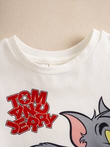 TOM & JERRY X SHEIN 2 Stücke Baby Jungen Sommer süßer Cartoon Katzen Muster Rundhals Kurzarm T-Shirt und Shorts Set - Rot-Weiß - Übersicht 4