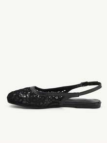 CUCCOO CHICEST Zapatos de mujer con punta cuadrada, suela plana, con tira de encaje negro y malla en la parte trasera. Zapatos planos elegantes, versátiles y cómodos para mujeres. - Negro - Ver 4