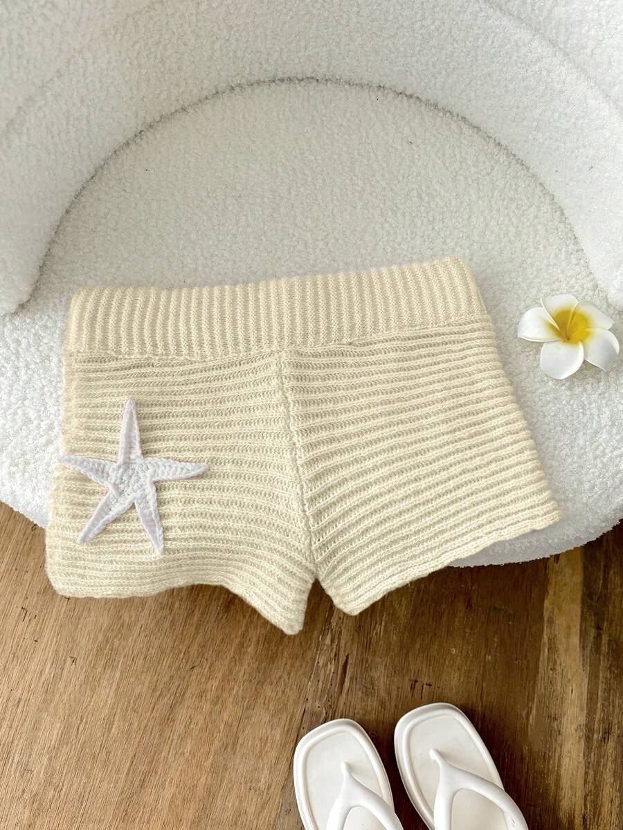 Elamini 女士海星纹理针织粉色短裤 - 米色 - 查看 1