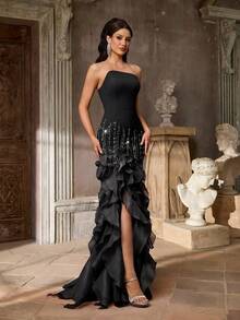 Aureia Women's Elegant Black Luxury 3D Beaded Sequins Mermaid Dress,High Waist Asymmetrical Exaggerated Ruffled Hem Side Slit Formal Evening Gown - Black - View 4