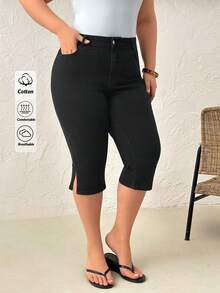 SHEIN Plus High Waist Elastic Black Bermuda Date Night Vacation Summer - Black - View 7