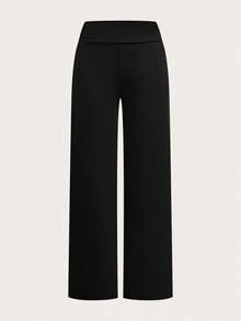 SHEIN EZwear 两件套女士休闲纯色黑色和粉色高腰阔腿直筒裤，适合夏季穿着 - 彩色 - 查看 3