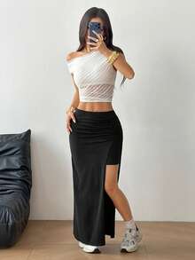 SHEIN EZwear Black Knit Women's Side Slit Hem Skirt - Black - View 8