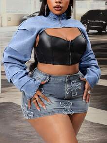Slaydiva Chaqueta vaquera suelta y sexy de talla grande - Azul - Ver 5