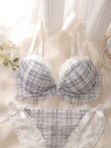 DelicateAllure 2pcs Plaid 3/4 Cup Underwire Padded Bra With Lace Trim, Layered Ruffle, Flounce, Bow Decor, Kawaii Cute Style, Fresh & Adorable Comfy Balconette - Blue - View 6