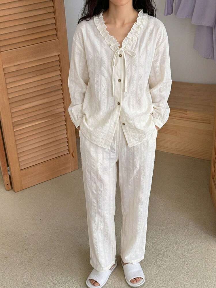 2pcs Cute Polka Dot Textured Fabric Ruffle Collar Women Summer Pajama Set