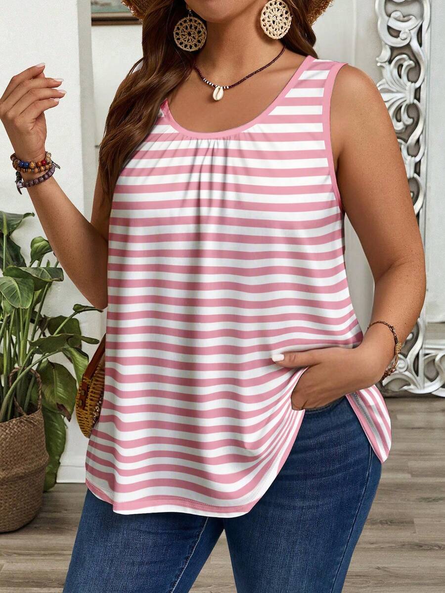EMERY ROSE Plus Size Women Casual Striped Print Sleeveless Tank Top - Multicolor - View 1