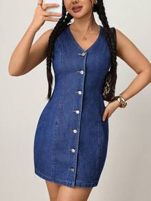 SHEIN PETITE Đầm denim nữ mùa hè kiểu dáng thường ngày, cổ chữ V, không tay, cài cúc phía trước. - Rửa tối - Xem 4