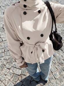 Muchica Apricot Woven High Collar Raglan Sleeve Double-Breasted Jacket - Apricot - View 6