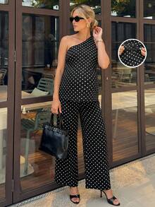 MaterniWear Bộ đồ bầu không tay chấm bi, vai lệch, kiểu dáng thường ngày, 2 món, thích hợp cho mùa hè. - màu đen - Xem 2