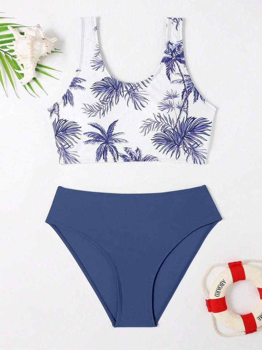 Teen Girl Cây Dừa In Dây Miễn Phí Bikini Set Bãi Biển Mùa Hè - Màu xanh lam - Xem 1