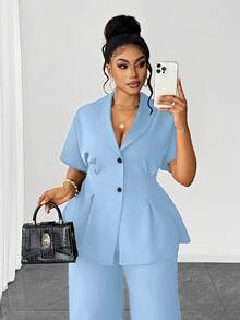 Maweii Bộ đồ nữ thời trang gồm áo cardigan cổ chữ V tay ngắn và quần ống rộng, trang phục nghỉ dưỡng thanh lịch, kiểu dáng tôn dáng, thiết kế độc quyền, cỡ lớn, thích hợp cho mùa xuân/hè/thu. - Màu xanh lam - Xem 5