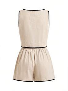 Ellevyn Bộ đồ nữ mùa hè kiểu dáng thường ngày, áo tank top cổ tròn phối viền tương phản và quần short (2 món) - Màu be - Xem 4