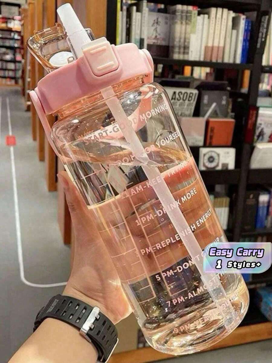 1个750毫升透明塑料水瓶，印有标语图案，室内外运动水瓶 - 粉色 - 查看 1