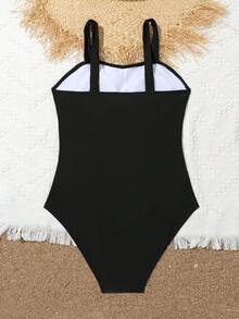 SHEIN Traje de baño de unicolor a la moda para adolescentes con lados calados - Negro - Ver 2