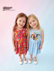 THE POWERPUFF GIRLS X SHEIN Maija Kids Bộ 2 chiếc váy cơ bản không tay cổ tròn, ôm eo, họa tiết hoạt hình IP dành cho bé gái. - Nhiều màu - Xem 3