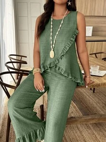 Weeklong Conjunto de 2 piezas para mujer talla grande con top suelto sin mangas de cuello redondo con ribete de volantes y pantalones de pierna recta, adecuado para vacaciones y uso diario, primavera/verano - Verde - Ver 1