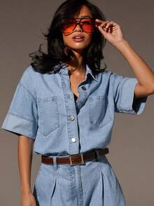 Athîral Denim 女款淺藍色牛仔連身褲 夏季休閒街頭風 2000年代復古露肩短袖寬褲 日常度假商務旅行穿搭 - 淺色水洗藍 - 查看 3