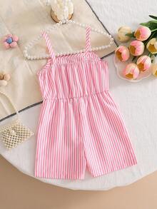 SHEIN Playful Pals 女婴粉色吊带连体衣，腰部饰有3D立体花朵玫瑰花结纽扣，无袖透气夏季服装，可爱活泼 - 粉色 - 查看 2