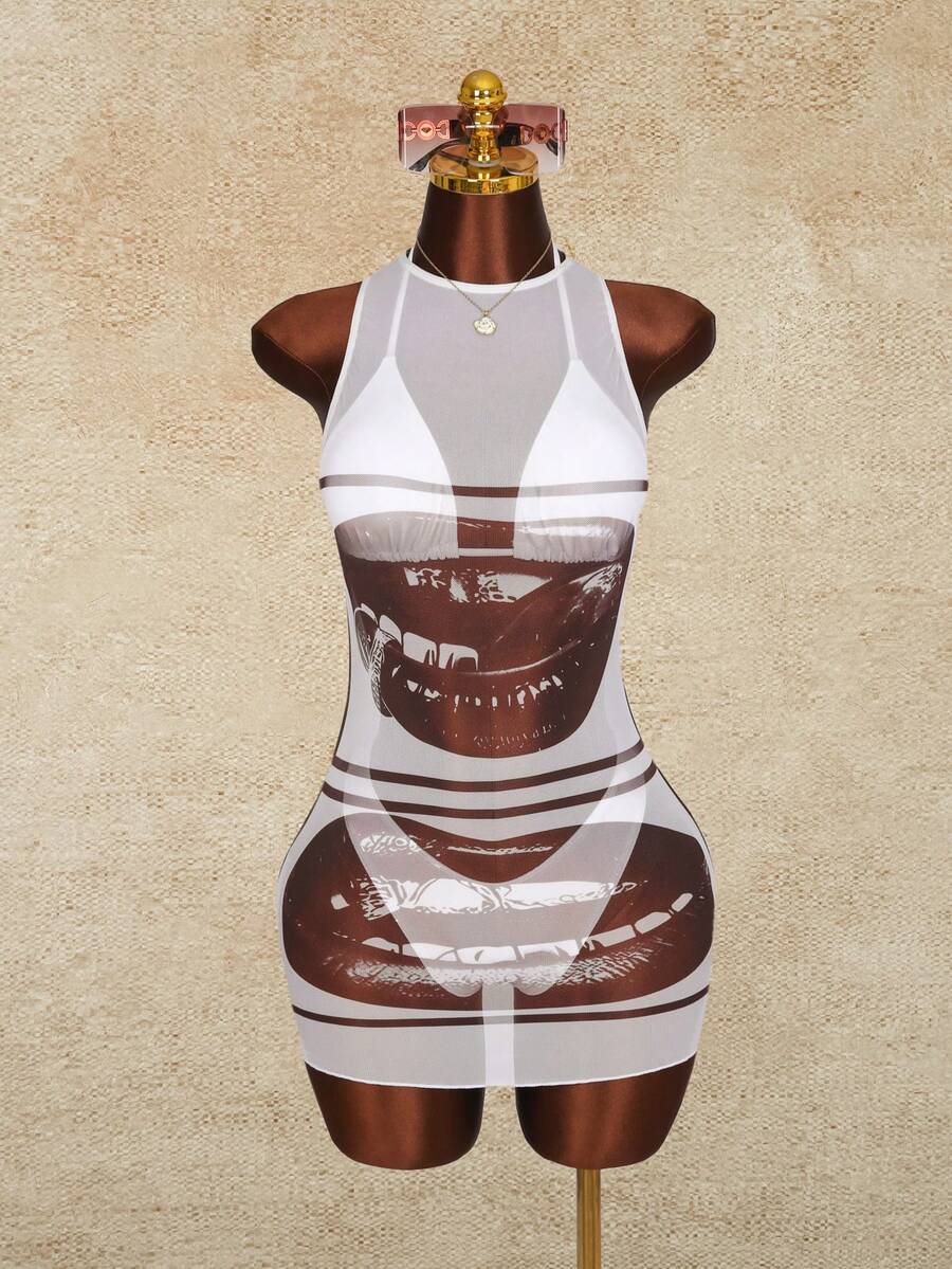 Bellisia New Spring/Summer Abstract Lip Print Sheer Mesh Bikini Cover Up, 3-Piece Swimwear Set For Beach Holiday Vacation For White Sexy - Multicolor - View 1