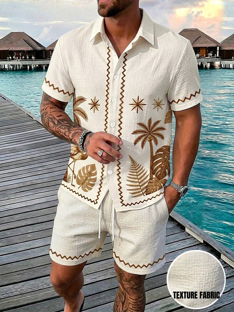 Alderstead Texture Fabric Men's Printed  Shirt And Shorts Set, Casual Holiday Outfit  Summer Clothes  Holiday Outfits   Summer Set Vacation Sets  Summer Two Piece Set  Matching Set Casual Street Style For Brunch, Resort Trips & Everyday Wear, Perfect Gift For Him, Brother & Young People