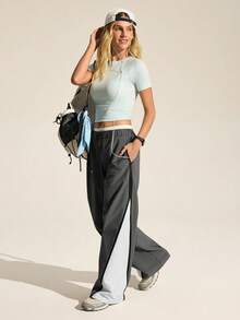 In My Nature Women's Contrast Color Drawstring Waist Pocket Wide Leg Hiking Pants - Grey - View 8