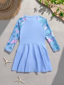 Young Girls Round Neck Raglan Sleeve Half-Zip One-Piece Swimsuit - Blue - View 2