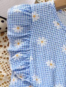 SHEIN Sparklyn Bộ áo liền quần mùa hè cho bé gái, màu xanh trắng kẻ caro, xếp ly, khoét lưng, có thắt lưng, thích hợp cho kỳ nghỉ biển, kiểu dáng cơ bản, đa năng, dự tiệc, đi học, mùa xuân/hè. - Màu xanh lam - Xem 5