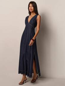 COSMINA Denim Vestido vaquero casual sin mangas con escote en V profundo para mujer - Azul lavado oscuro - Ver 5