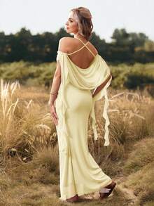 Cheriluna Maternity Vestido largo de maternidad de un solo color con hombros descubiertos y espalda descubierta, adecuado para fiestas de Navidad, fiestas elegantes, baby shower - Amarillo - Ver 1