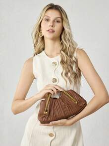 MOTF PREMIUM BOLSO ELEGANTE PLISADO PARA DAMAS, HERRAJES EXQUISITOS PARA LLEVAR EN LA MANO, VERSÁTIL PARA CITAS Y VIAJES - Marrón - Ver 6