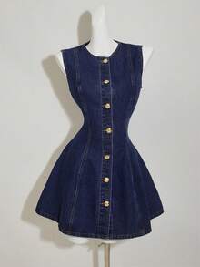 SHEIN PETITE Women's Front Button Waist Cinched Sleeveless Denim Dress - Dark Wash - View 5