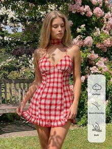Glamine Charm 女士红色刺绣格子梭织棉质露背吊带性感度假百搭迷你连衣裙，女士可追溯棉质连衣裙，女士红色格子连衣裙，新款夏季连衣裙，适合户外野餐、音乐节等场合的百搭连衣裙 - 彩色 - 查看 8