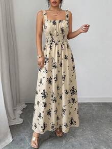 SHEIN Raffinéa 女士休闲度假优雅褶皱胸部抽绳腰A字黑色印花无袖长裙，夏季 - 杏色 - 查看 7